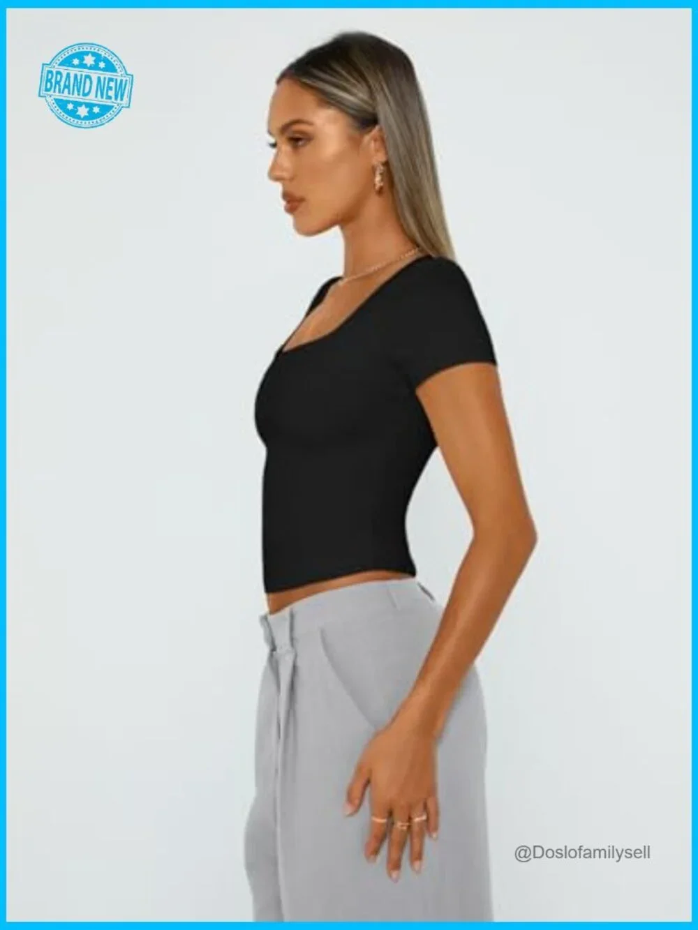Double Lined Short Sleeve Crop Top Square Neck Slim Fit Tee Y2K Top